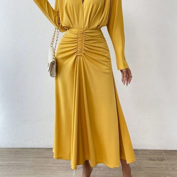 Yellow Preppy Womens Solid Ruched Front Ruched Waist A-line Dress - Picture 4 of 4